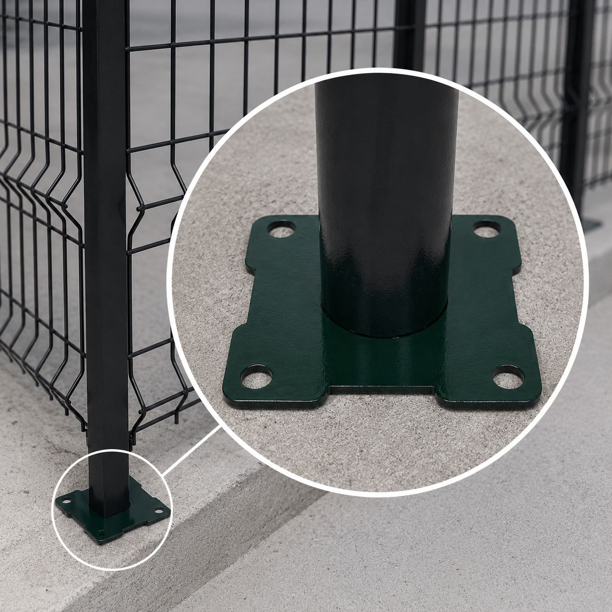 Detalle de base y poste de reja de acero clásica instalada