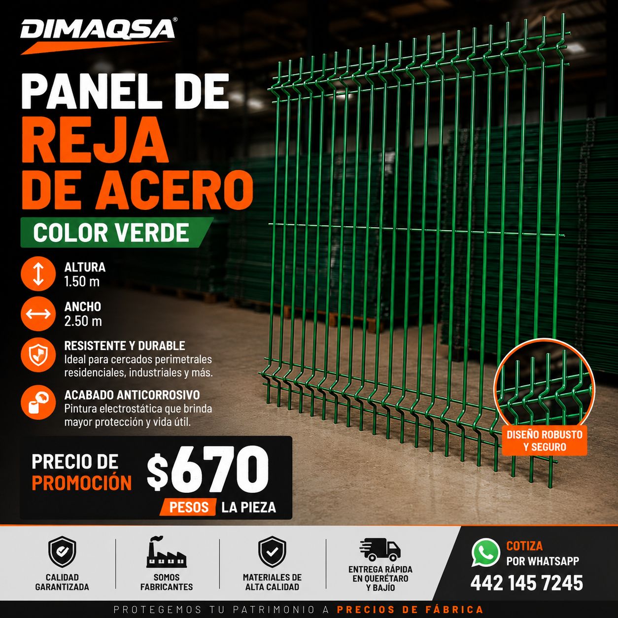 Especificaciones de panel de reja de acero clásica color verde, altura 1.50 m