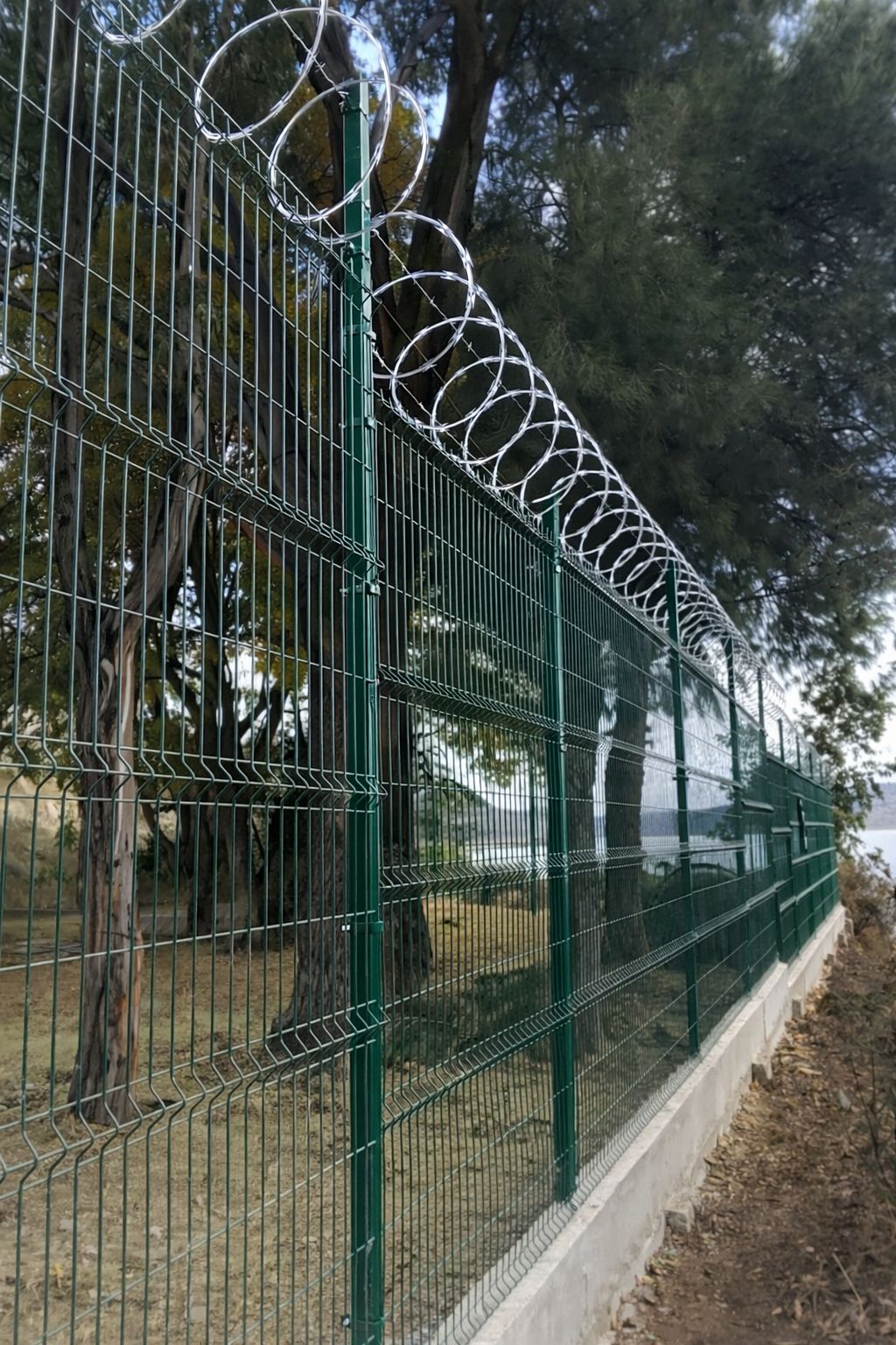 Reja de acero clásica color verde instalada junto a cuerpo de agua